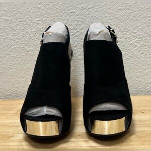 EUC Reneeze Black Sally Faux Suede Peep-Toe Silver Heels 10